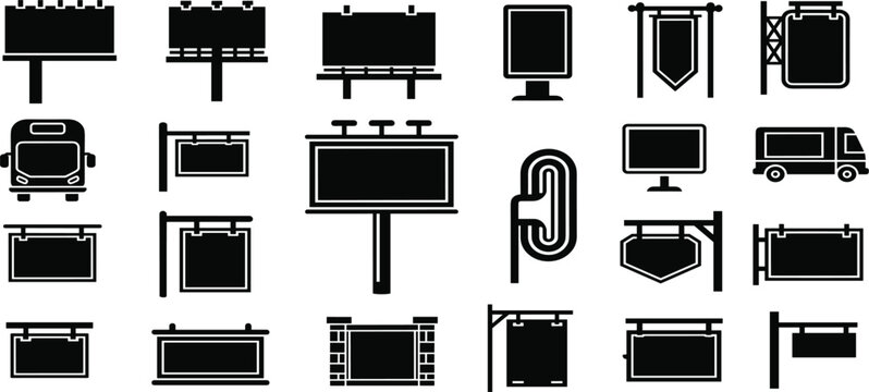 Outdoor Advertising Signage and Billboard Icon Set featuring Large Billboards, Bus Advertisements, Hanging Storefront Signs, and Digital Displays