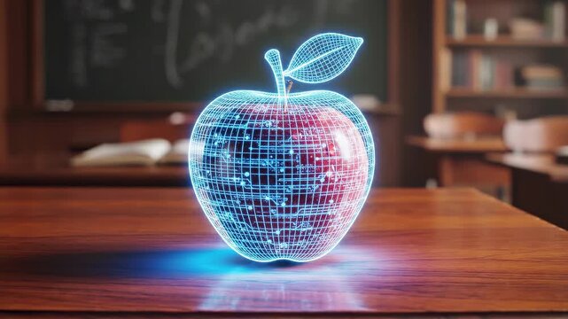 Hologram apple wooden desk classroom with digital wireframe, red glowing outline, futuristic technology, education, learning, and magical effects