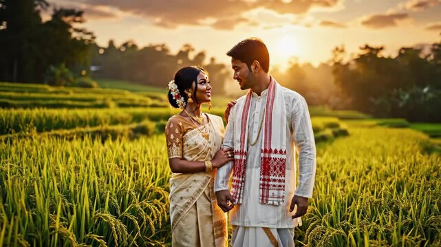 Indian couple celebrates rongali bihu in traditional attire, holding hands in golden light amidst lush green rice fields, evoking a festive mood.
