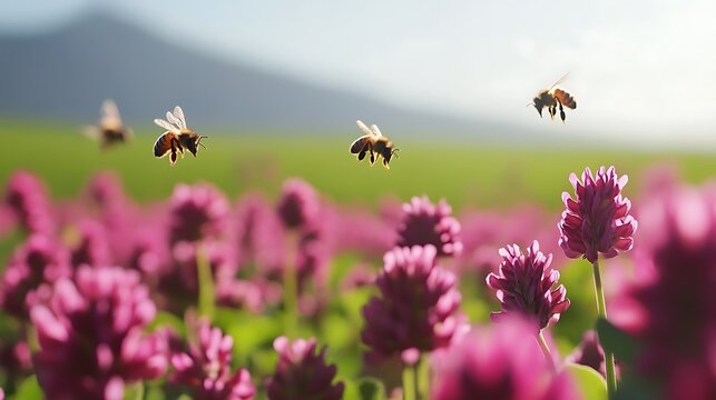 field of red clover flowers buzzing with bees