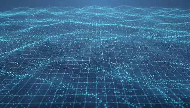 Massive digital network grid where waves of glowing data energy travel across thousands of nodes simultaneously, synchronized pulses creating patterns similar to brainwave activity