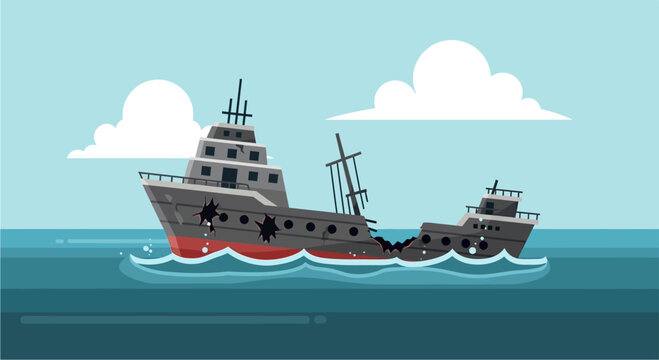 A cartoon illustration of a damaged and sinking shipwreck in the ocean under a blue sky.