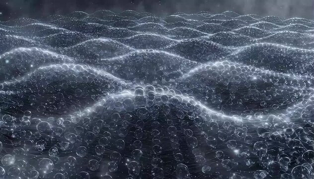 Massive digital network grid where waves of glowing data energy travel across thousands of nodes simultaneously, synchronized pulses creating patterns similar to brainwave activity