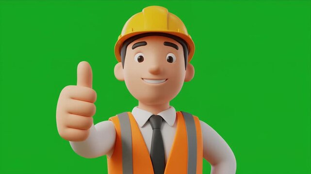 Animated construction worker giving thumbs up on green screen.