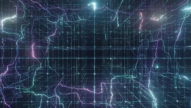 Intricate lattice-like neural grid composed of interconnected glowing nodes forming a complex artificial intelligence system, electric signals racing through the network like lightning pulses