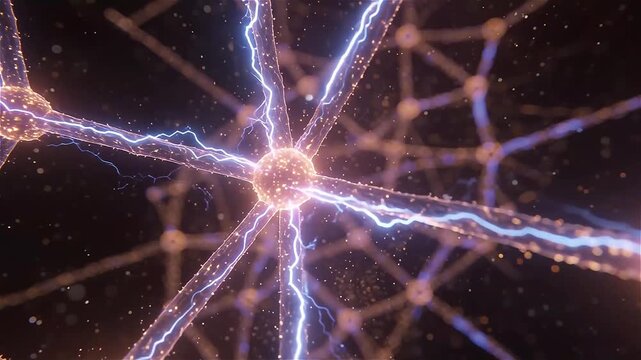 Intricate lattice-like neural grid composed of interconnected glowing nodes forming a complex artificial intelligence system, electric signals racing through the network like lightning pulses