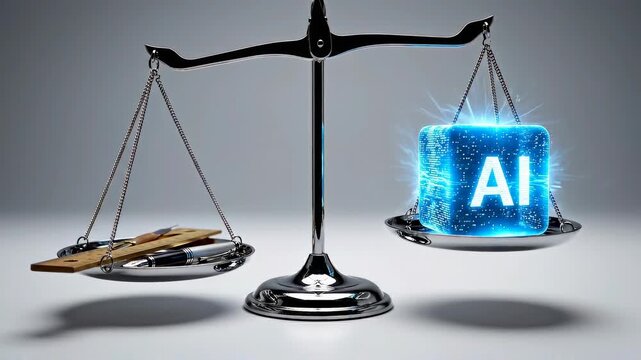 Balancing Scale Artificial Intelligence Technology Justice Law Digital Glowing Metal Concept Comparison Innovation Modern Futuristic Equality