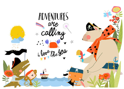 Cartoon Card with Cute Animals celebrating Pirate Party