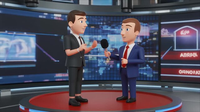 Animated news studio interview with analysts discussing market charts.