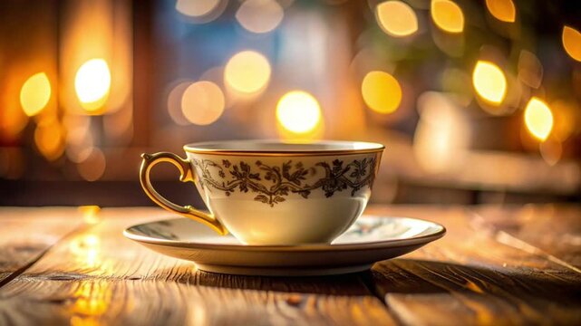 Elegant Teacup on Wooden Table with Warm Bokeh Lights