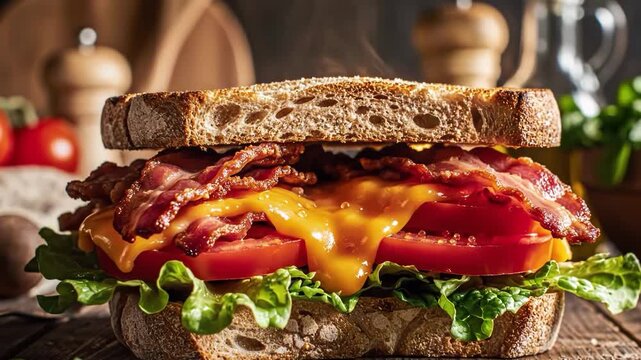 Delicious blt sandwich on toasted bread with melted cheese on a wooden table
