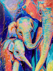 Family elephants with two smiling children art painting © Boonyanut