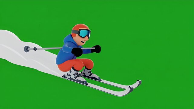 Animated skier racing downhill on chroma key green background.