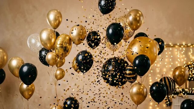 Elegant black and gold balloons with exploding glitter confetti for festive anniversary or birthday party celebration