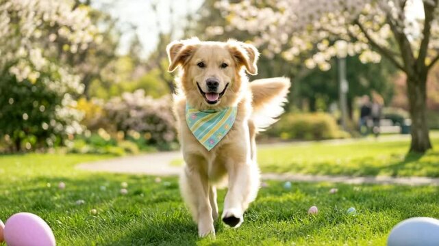 Happy Golden Retriever dog running on green grass in a sunny park with colorful Easter eggs and blooming spring trees