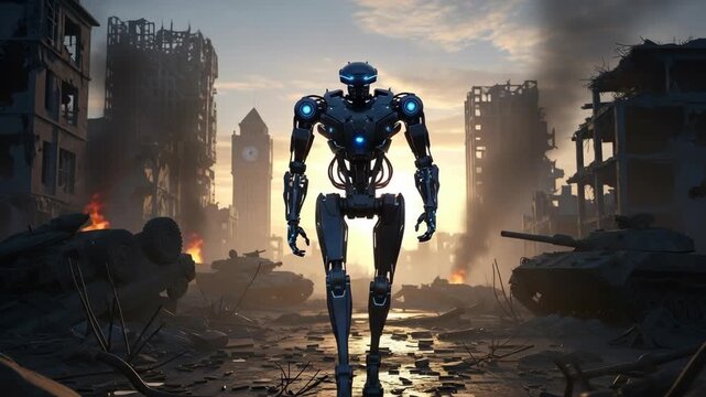 Powerful robotic soldier walking across a post apocalyptic battlefield in a destroyed city