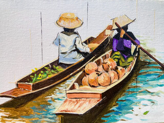 Obraz premium Elderly women rowing opposite boats, horizontal