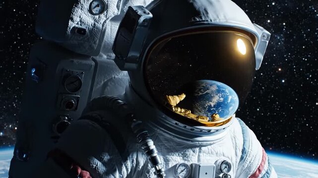 Astronaut in a white spacesuit floating in outer space with earth reflection