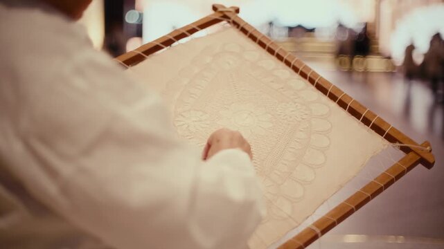 Hand crafts intricate designs on delicate fabric. Calm focus shows mastery of traditional art. Soft light enhances the peaceful, skilled atmosphere. Ideal for heritage, cultural, or artisanal projects