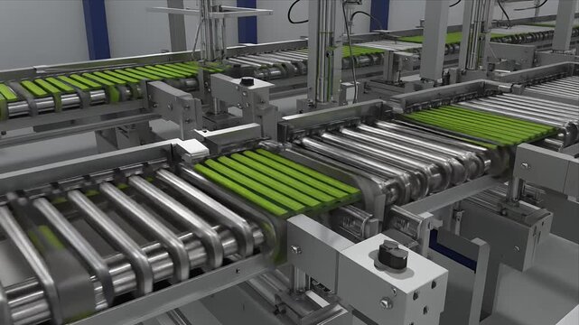 Automated conveyor sorting green vegetables in modern processing plant.