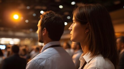 Fototapeta premium Two people attentively watching a presentation in a brightly lit conference hall