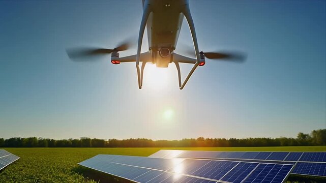 Autonomous drone hovering above solar panels at sunrise in green field.