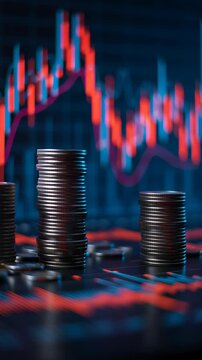 A financial scene featuring stacks of coins in the foreground with a large digital chart showing inflation rates, tax indicators, and interest rate trends, clean composition with space for text, blue 