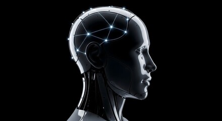 Obraz premium Digital human head with glowing neural network connections on black background.