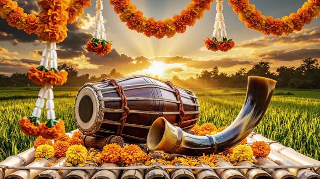 Traditional assamese dhol and pepa instruments celebrate rongali bihu at golden hour in lush paddy fields.