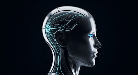 Obraz premium Detailed rendering of a robotic head with glowing circuitry.