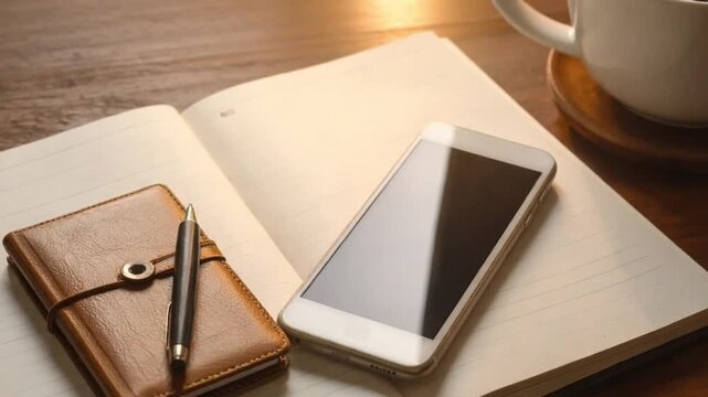 Notebook, pen, and smartphone on a wooden desk, ready for work or study