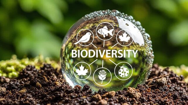 Biodiversity concept with a glass globe on soil and green background