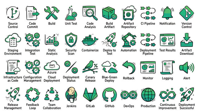 DevOps and Software Development Icon Set in Hand-Drawn Style. A collection of CI/CD Linear Icons, Including Git, Jenkins, GitLab, GitHub, Cloud, Automation, Testing