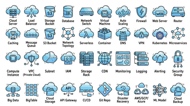 Cloud Computing Technology Icon Set in Hand-drawn Doodle Style. A collection of Cloud Linear Icons, including server, database, network, security, storage, and more. Vector.