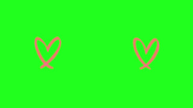 Hearts hand drawn set with pink chalk-like lines on a green chroma key background for editing and design.