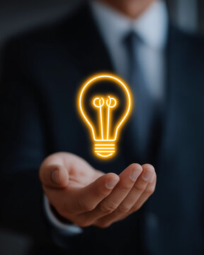 Illumination of Innovation: A close-up view of a person hand carefully cradling a glowing lightbulb symbol, symbolizing the spark of an idea. The image is captured in a business context.