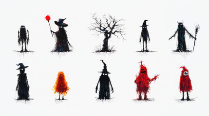 Naklejka premium Collection of spooky characters including witches, ghosts, and haunted tree, evoking playful Halloween spirit