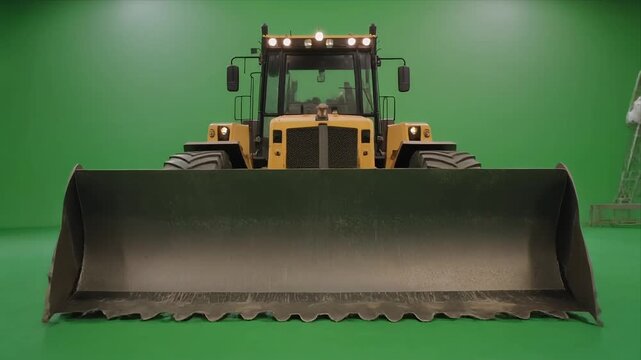 Bulldozer loader approaches camera on greenscreen studio front view.