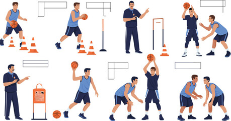 Basketball training drills set with players practicing shooting dribbling and defense, sports coaching techniques flat vector illustration collection for fitness design © Yevhenii creative
