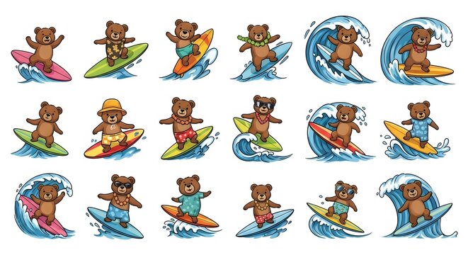 Cartoon bears surf on colorful waves