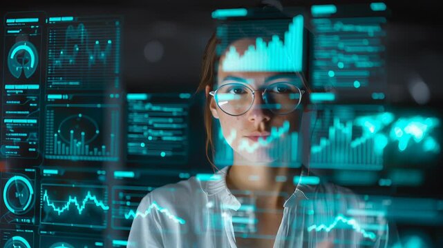 A professional businesswoman working in a modern office, interacting with a holographic interface displaying financial charts, stock growth graphs, and digital market research data, floating dashboard