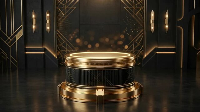 Luxurious Art Deco gold and black circular podium stage with glowing lights for product presentation in elegant room