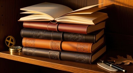Naklejka premium A Stack of Handcrafted Leather Bound Sketchbooks on a Wooden Shelf