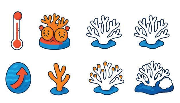 Coral reef vector illustration set with thermometer and ocean temperature rising