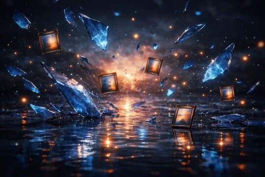 Dreamy surreal scene of shattered blue crystals and golden picture frames suspended above reflective water with glowing lights, ideal for fantasy art or conceptual designs.