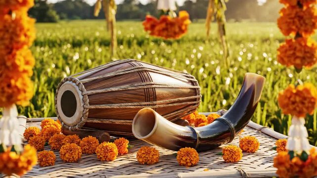 Vibrant traditional assamese musical instruments and marigold garlands celebrate rongali bihu (bohag bihu) in a lush green field.