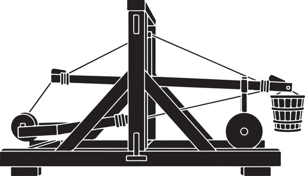 Vector medieval catapult icon, black and white illustration