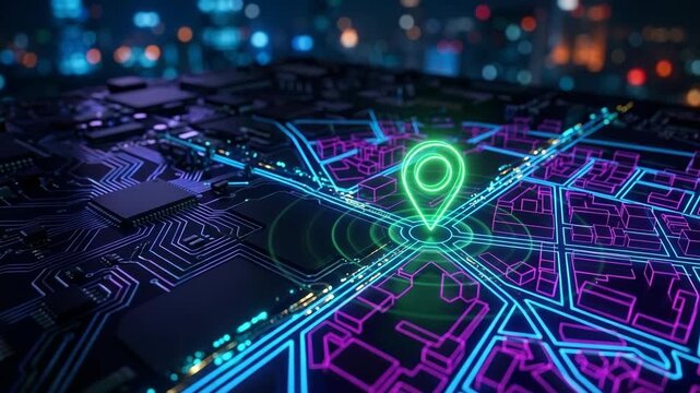 Futuristic digital map with neon green location pin and integrated circuit board against a blurred urban night sky