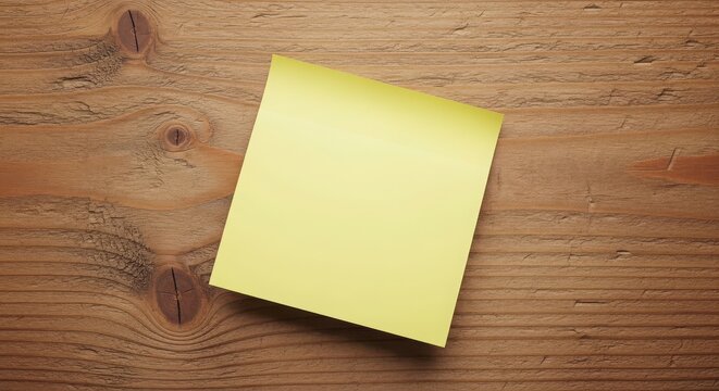 Yellow sticky note on wooden desk with natural light for business planning and reminders