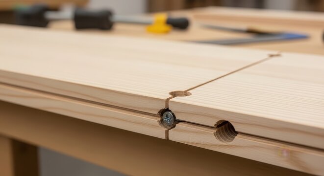 Modern wooden table edge with metal hinge assembly for furniture making workshop tools background